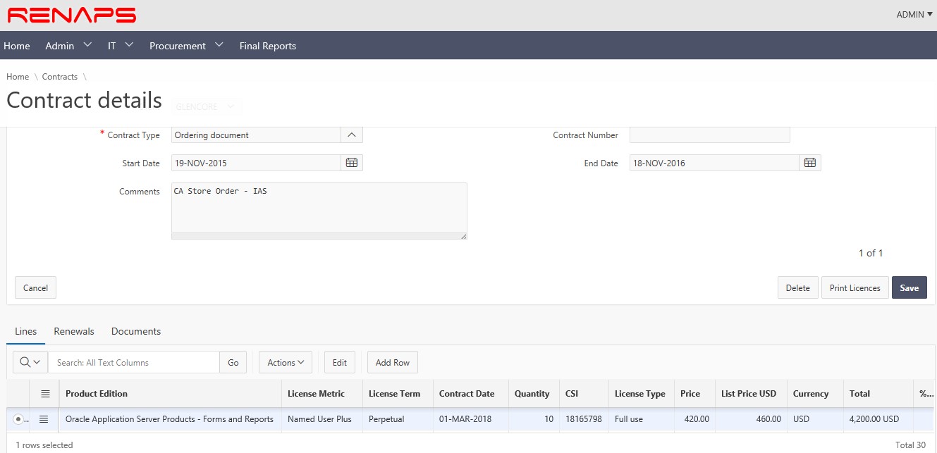 Screenshot of the ROCS contract details screen: Oracle ordering document with dates and license lines