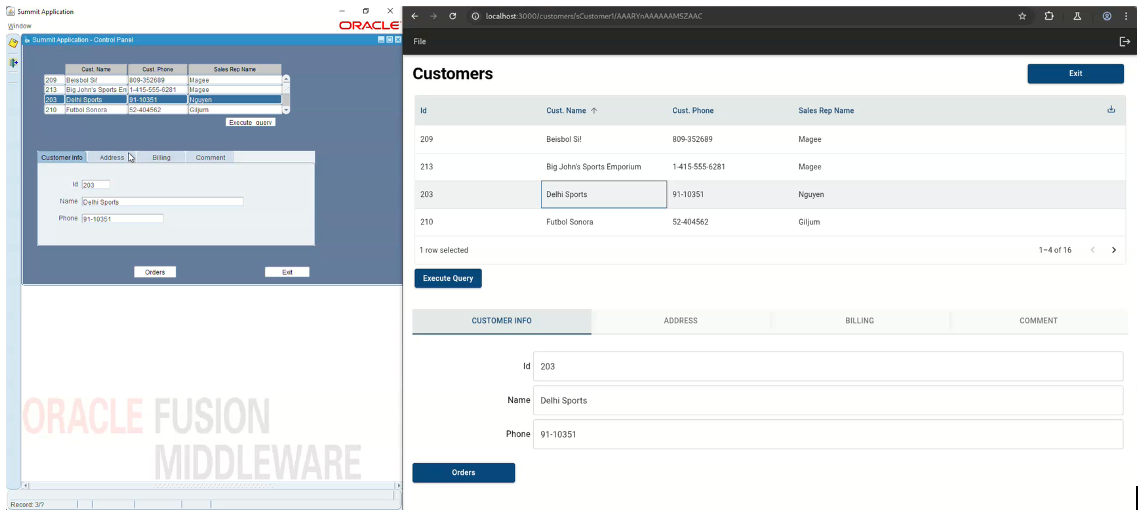 Screenshot comparing the Oracle Forms “Summit” Customers screen (left) with its modernized web version (right)
