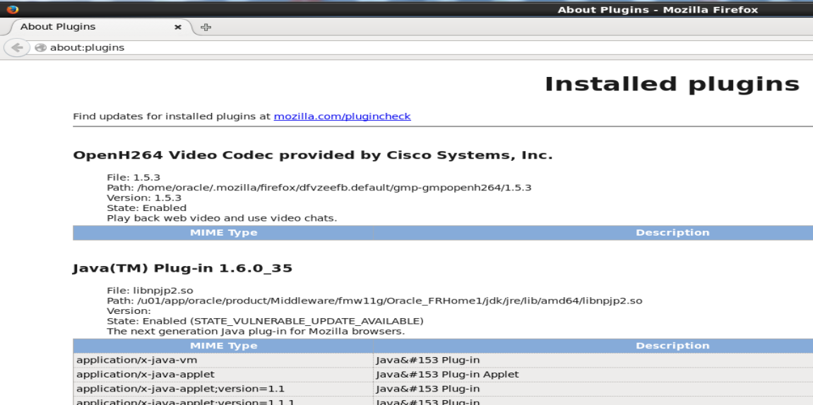 Screenshot of Firefox about:plugins listing the Java(TM) Plug-in 1.6.0_35 (libnpjp2.so) as enabled