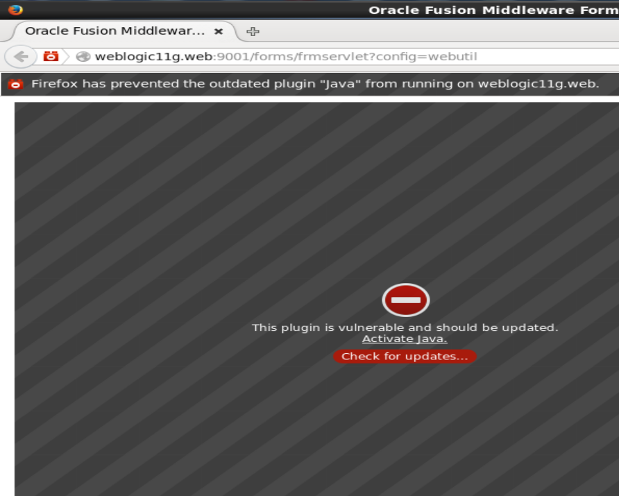 Screenshot of Firefox blocking the outdated Java plugin on the Forms WebUtil URL, with an Activate Java link