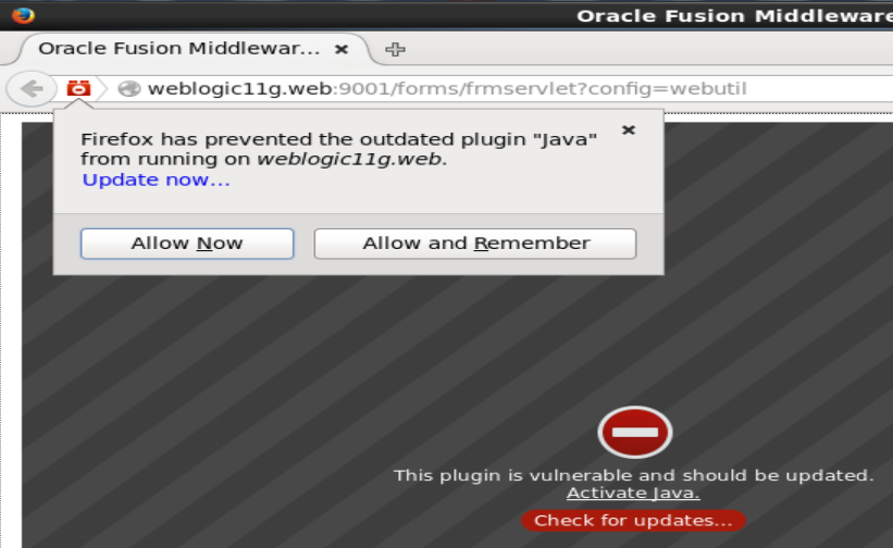 Screenshot of the Firefox prompt to allow the Java plugin, with Allow Now and Allow and Remember buttons