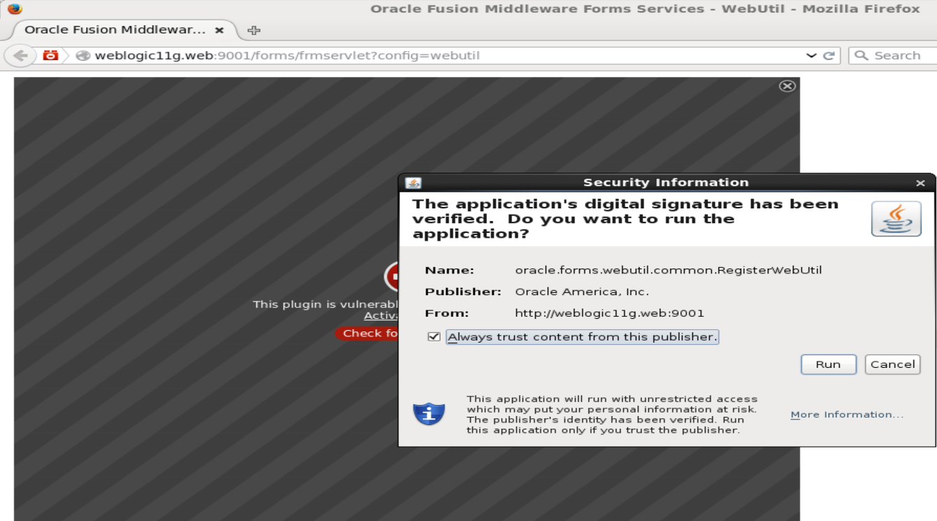 Screenshot of the Java security prompt for Oracle WebUtil, with Always trust content from this publisher checked
