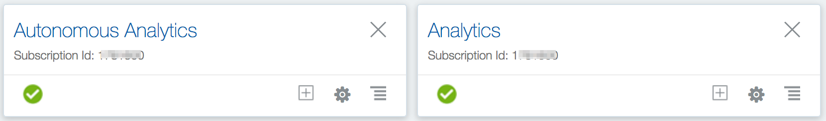 Screenshot of the Autonomous Analytics and Analytics service tiles in Oracle Cloud My Services, both active