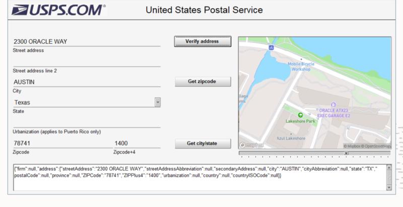 Screenshot of an Oracle Forms 14c form with the new UI: USPS address lookup fields, buttons and an embedded map