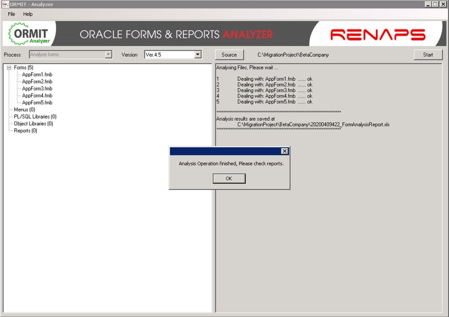 Screenshot of ORMIT™ Analyzer after analyzing five Oracle Forms modules, with results saved to an Excel report
