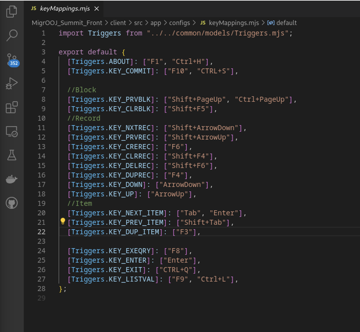 Screenshot of keyMappings.mjs in VS Code, mapping Oracle Forms key triggers such as KEY_COMMIT (F10) and KEY_EXEQRY (F8) to shortcuts