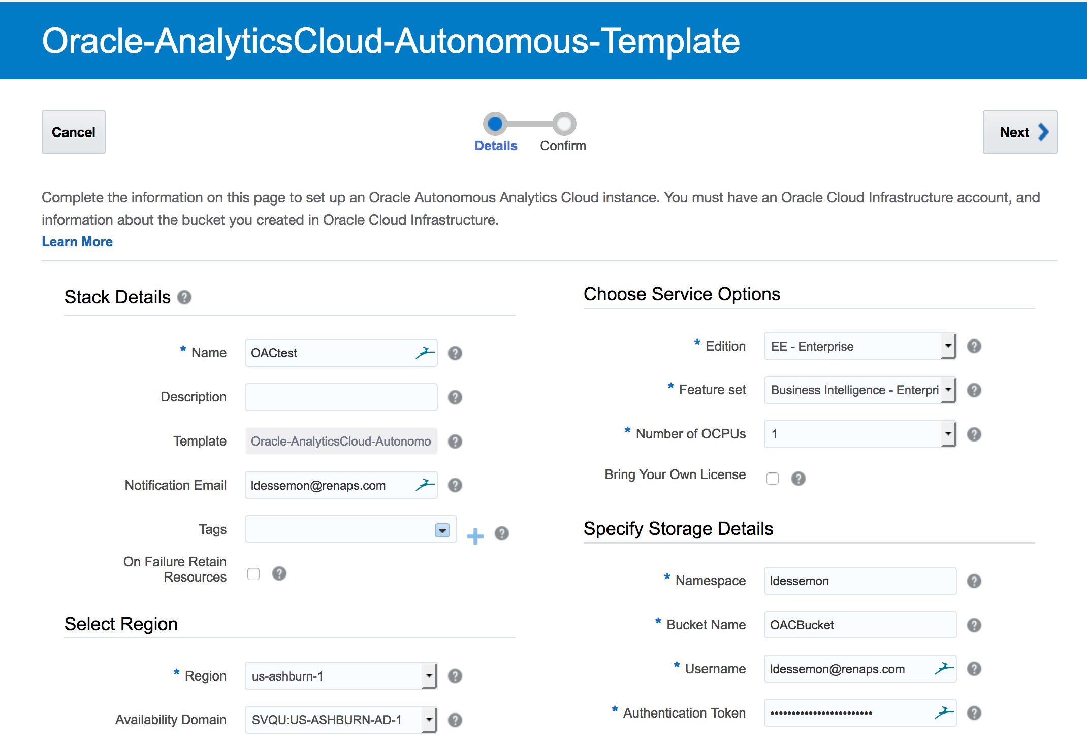 Screenshot of the Oracle Autonomous Analytics Cloud setup form: stack details, region, service options and storage bucket