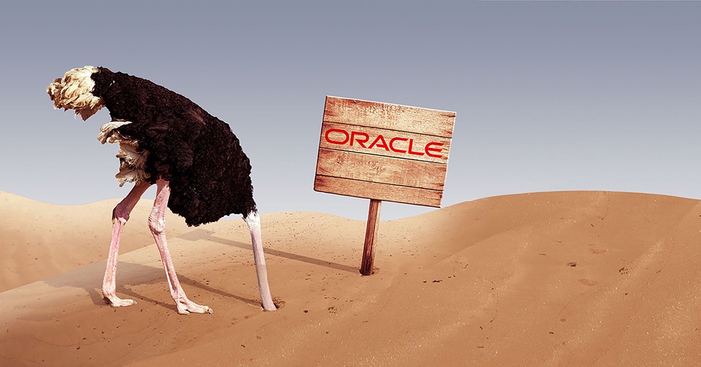Ostrich with its head buried in the sand next to an Oracle sign, a metaphor for ignoring Oracle licensing risk