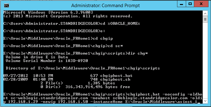 Screenshot of an administrator Command Prompt running chgiphost.bat with the old and new host names and IP addresses