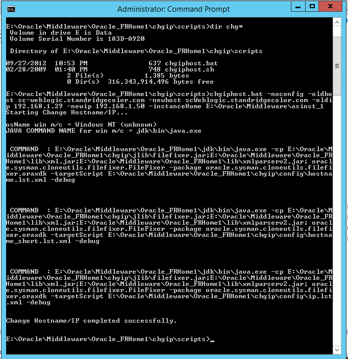 Screenshot of the chgiphost.bat output ending with “Change Hostname/IP completed successfully”