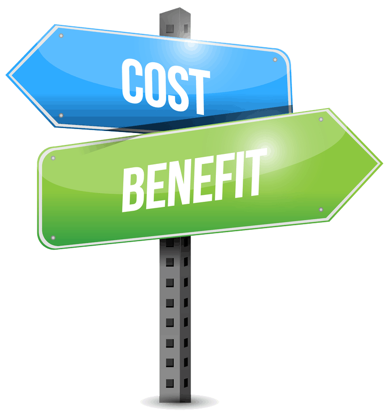 Signpost with two arrows, one marked Cost and the other Benefit