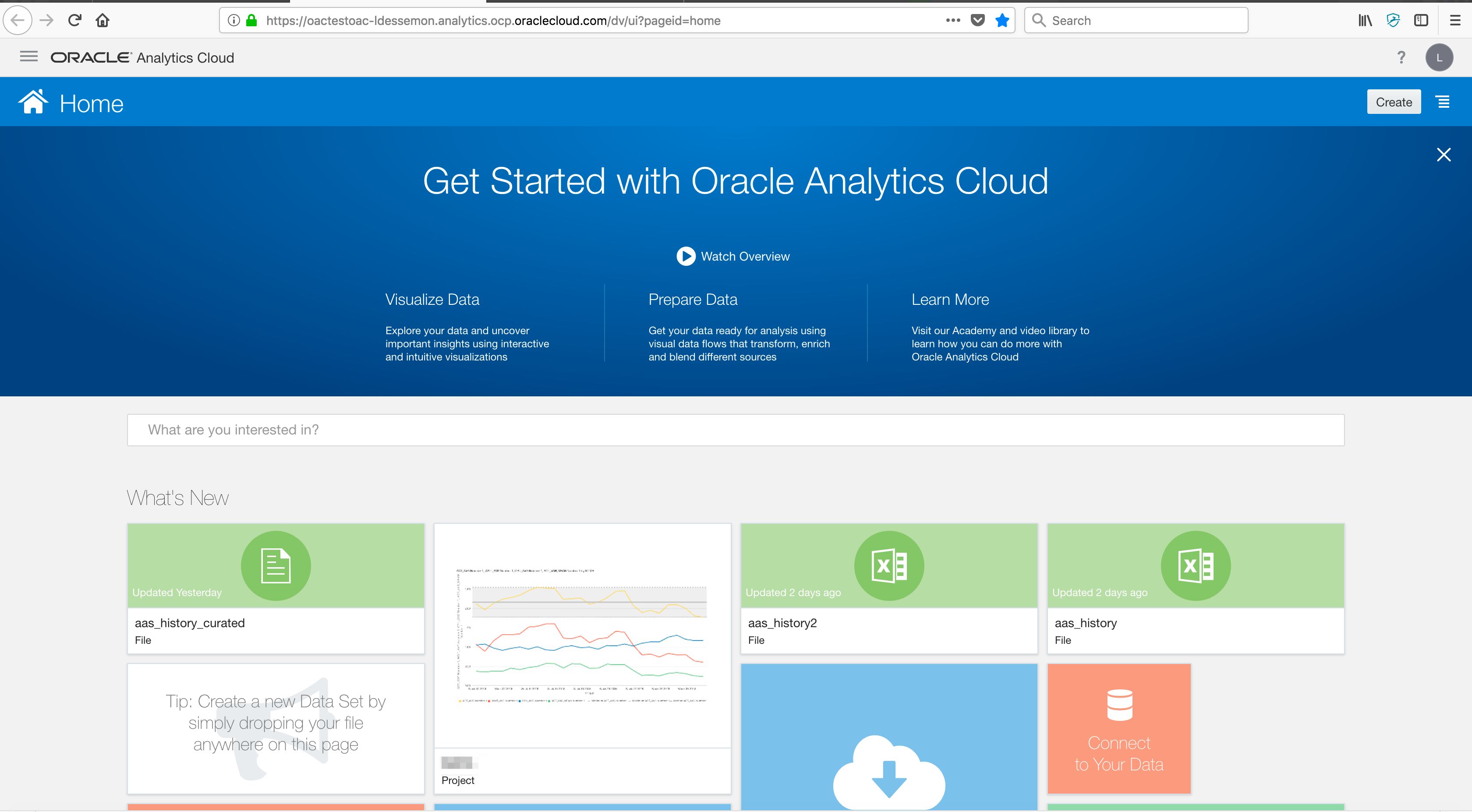 Screenshot of the Oracle Analytics Cloud home page: Get Started banner and recently updated data sets and projects
