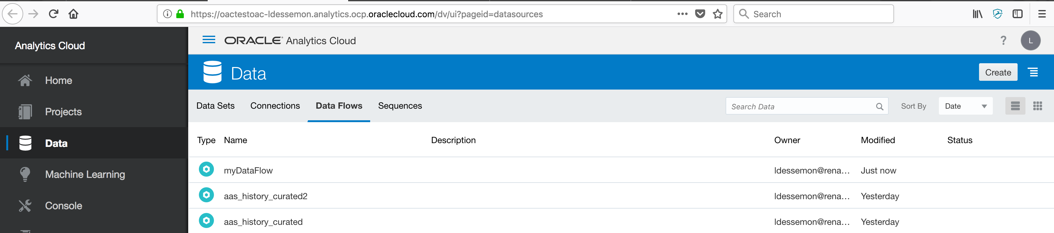 Screenshot of the Data Flows list showing the new myDataFlow, modified just now