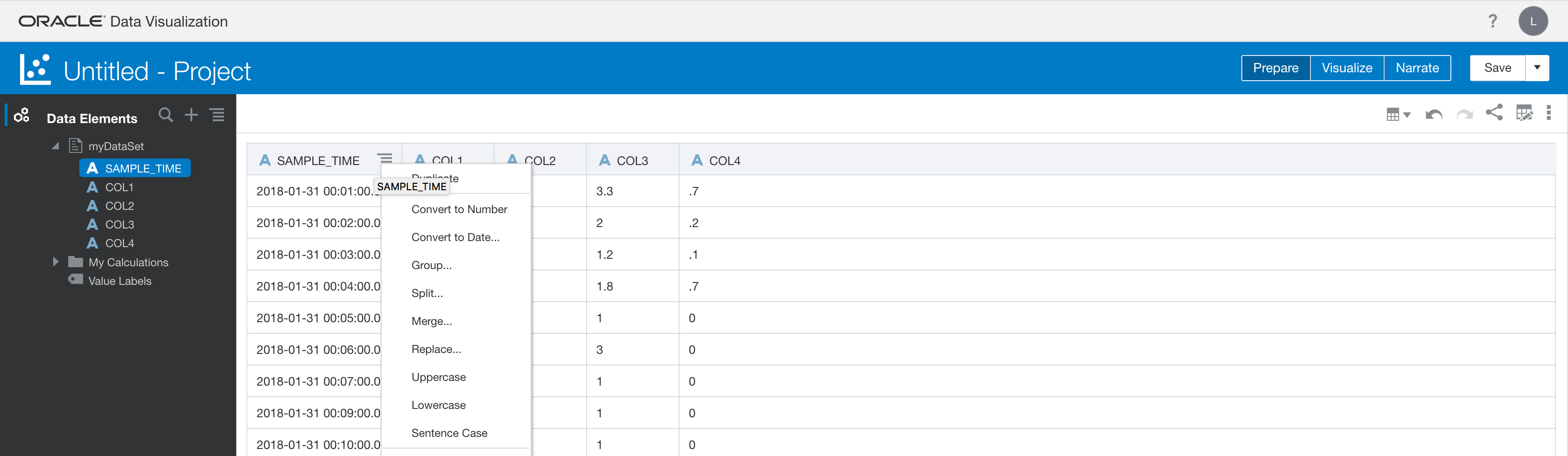 Screenshot of the project’s Prepare tab: SAMPLE_TIME column menu with Convert to Number and Convert to Date options