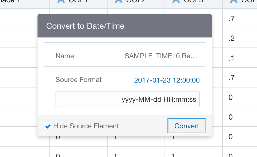Screenshot of the Convert to Date/Time dialog with the source format yyyy-MM-dd HH:mm:ss