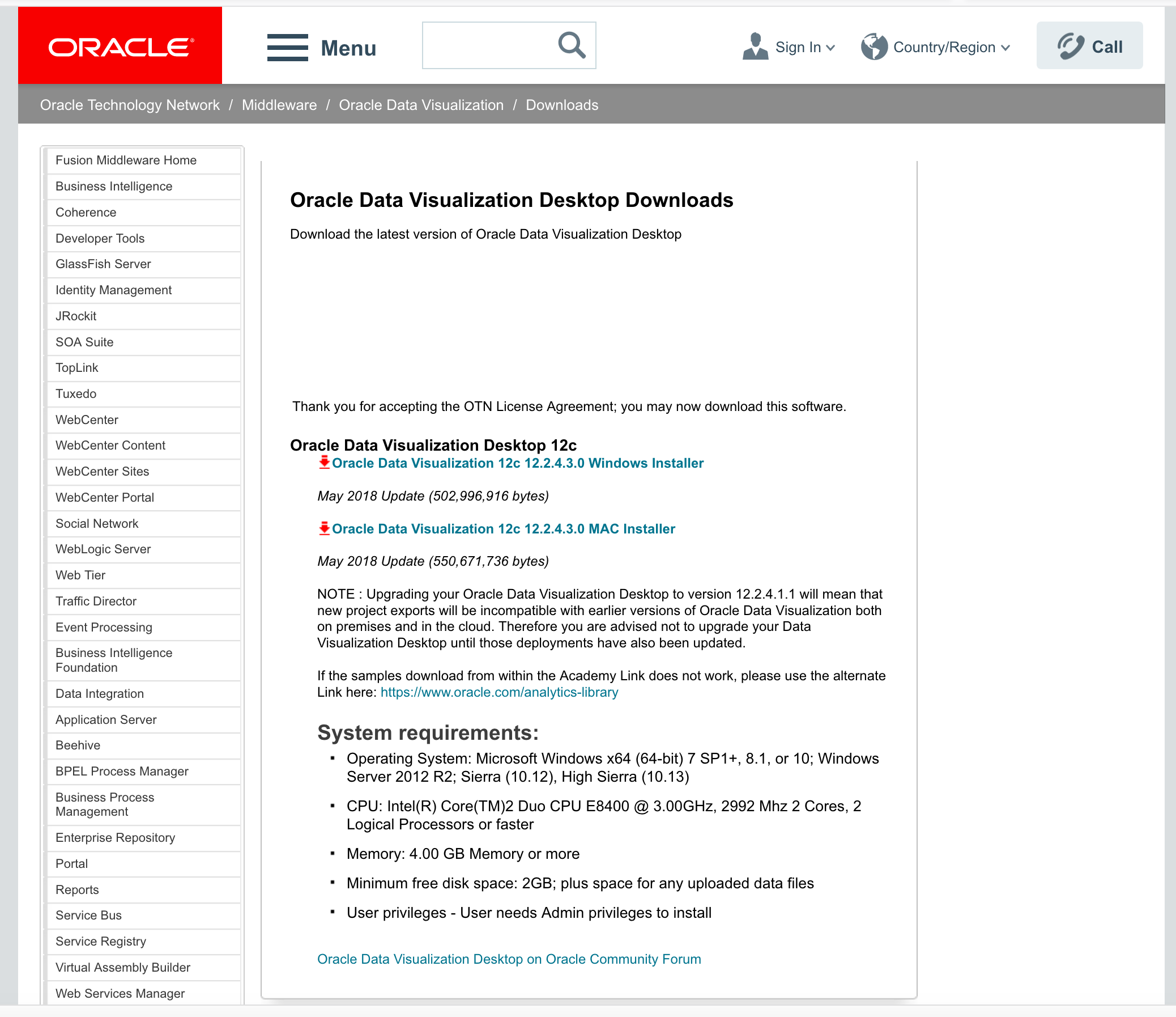 Screenshot of the Oracle Data Visualization Desktop 12c download page: Windows and Mac installers, system requirements