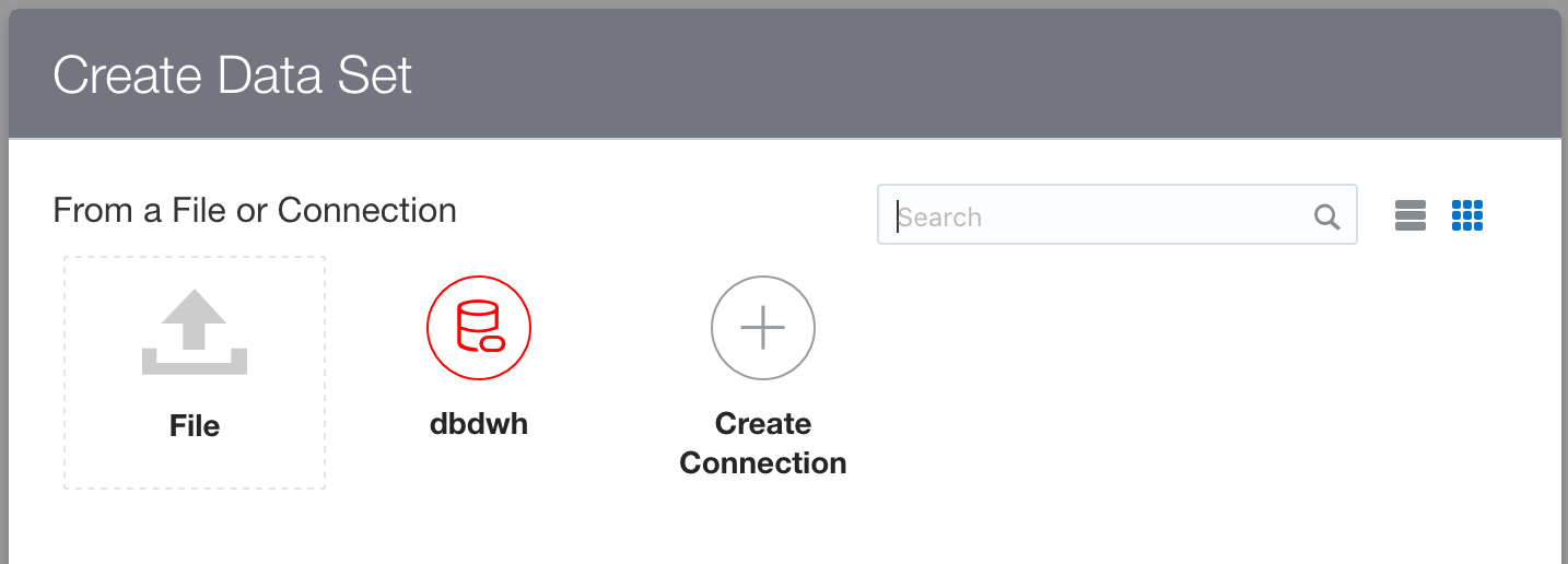 Screenshot of the Create Data Set dialog: from a file, an existing connection (dbdwh) or a new connection