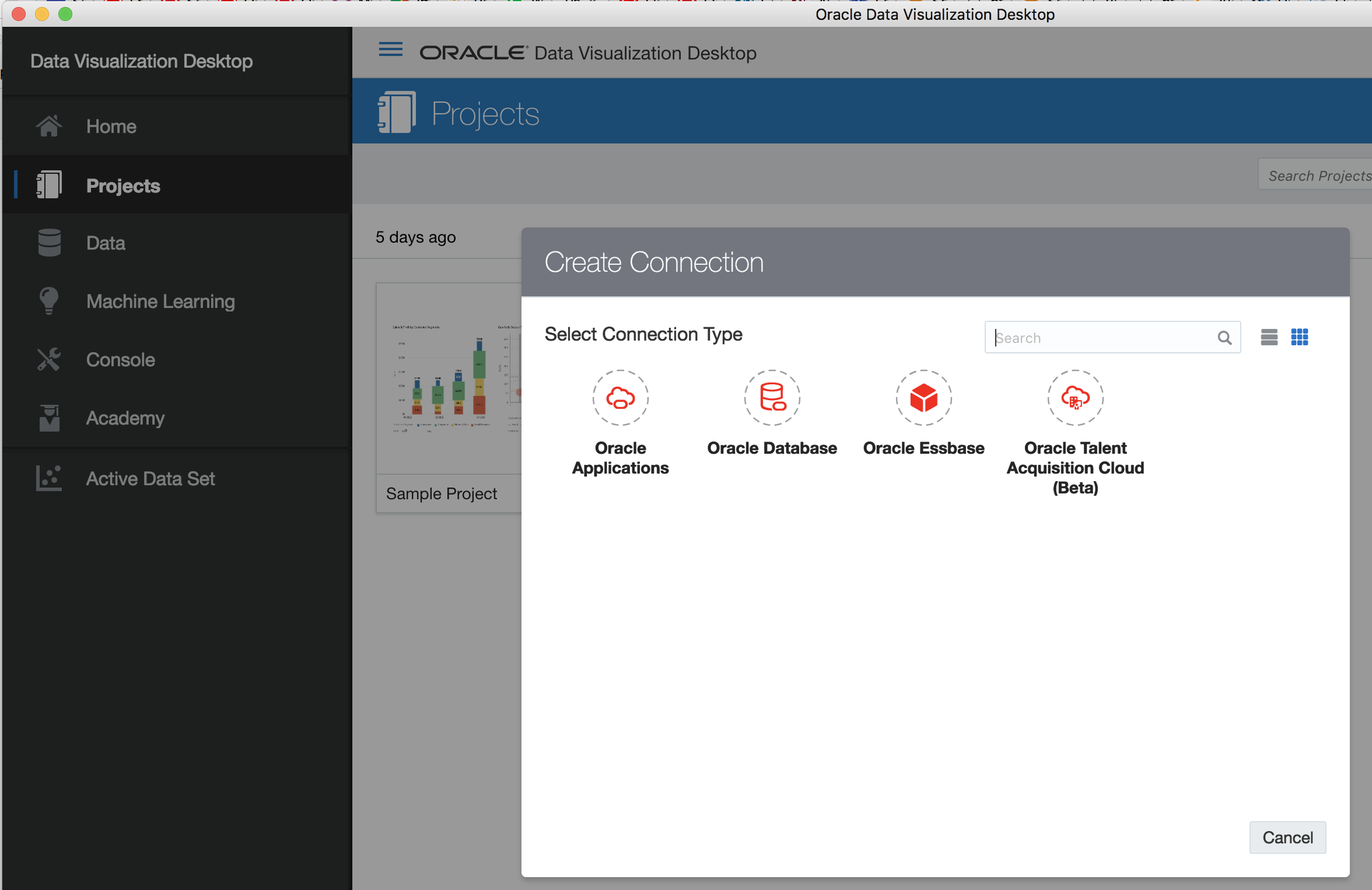 Screenshot of Data Visualization Desktop connection types: Oracle Applications, Database, Essbase, Talent Acquisition Cloud