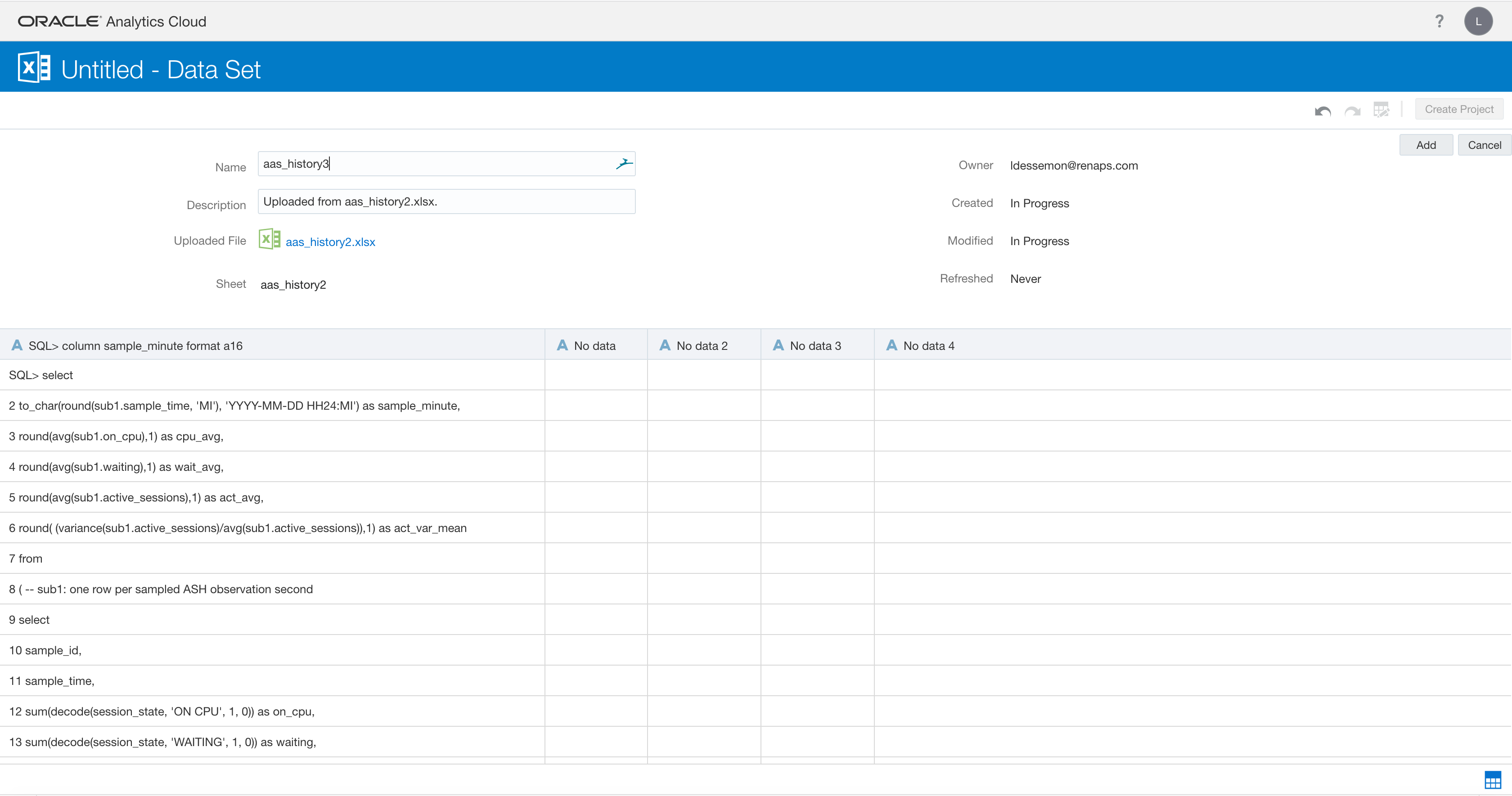 Screenshot of the new aas_history3 data set uploaded from an Excel file, still holding raw SQL*Plus output to clean up