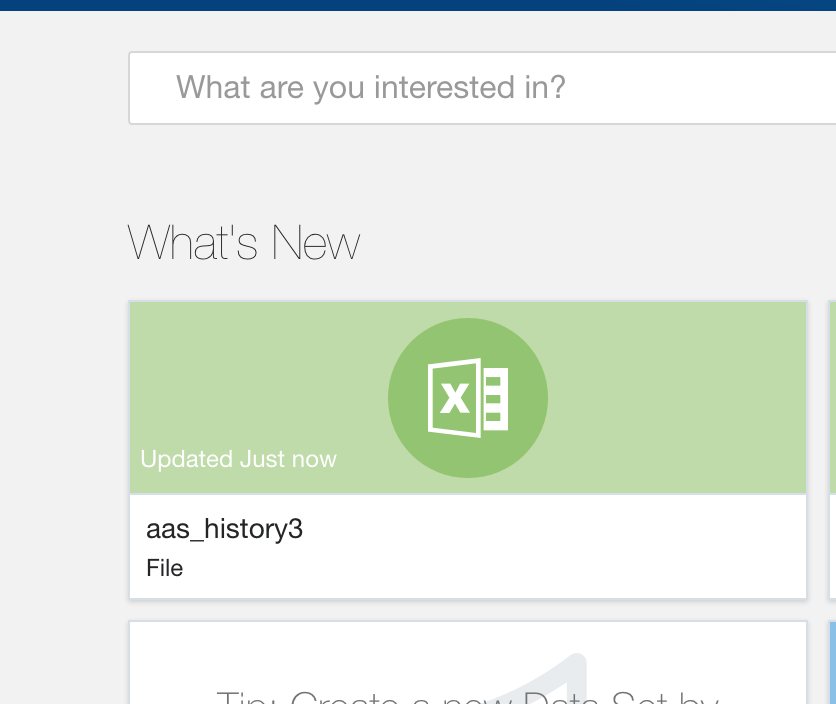 Screenshot of the home page showing the aas_history3 data set, updated just now