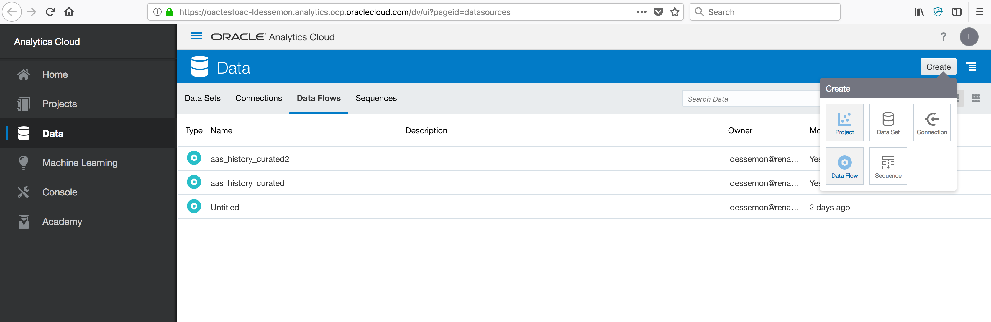 Screenshot of the Data page, Data Flows tab, with the Create menu open on Data Flow