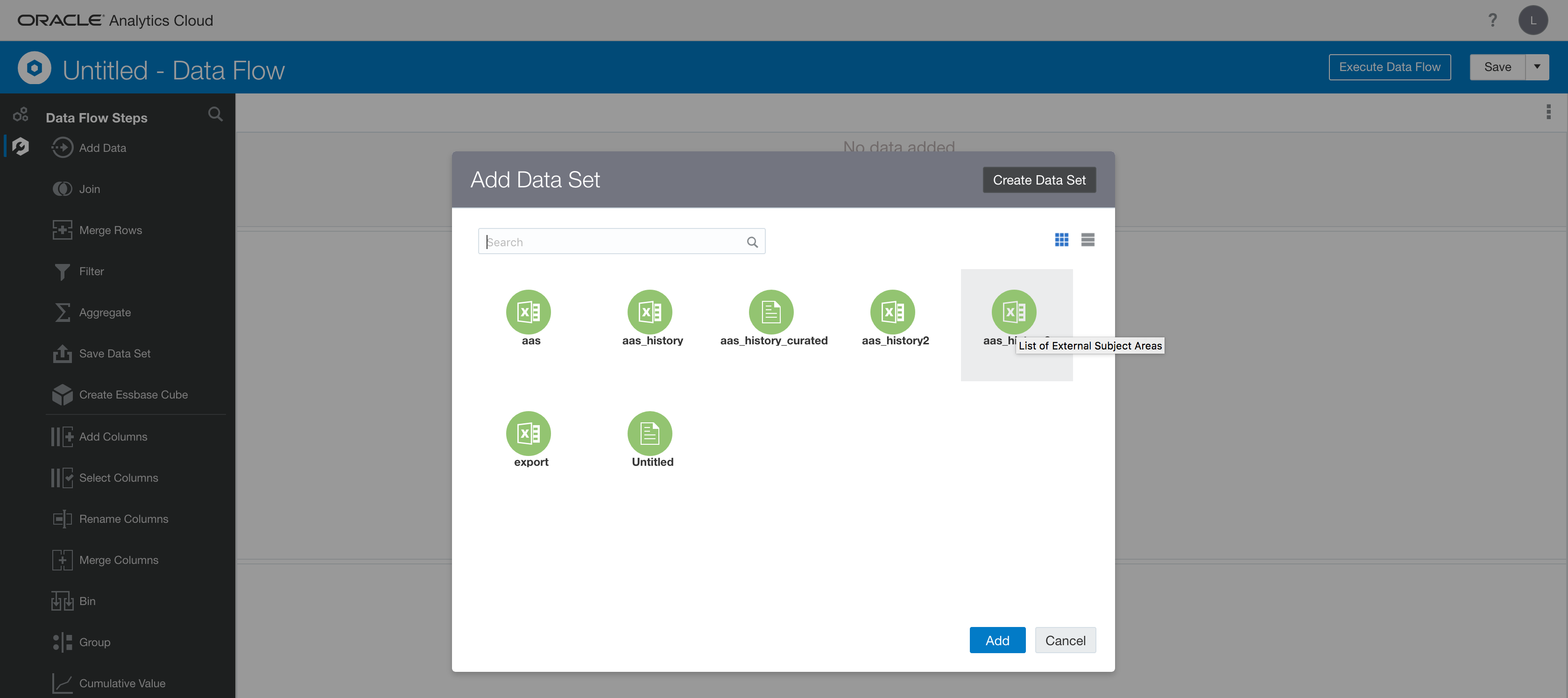 Screenshot of the data flow editor’s Add Data Set dialog listing the available data sets
