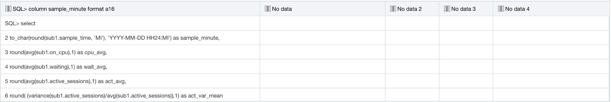 The data set before the data flow: raw SQL*Plus script lines in one column, the other columns empty