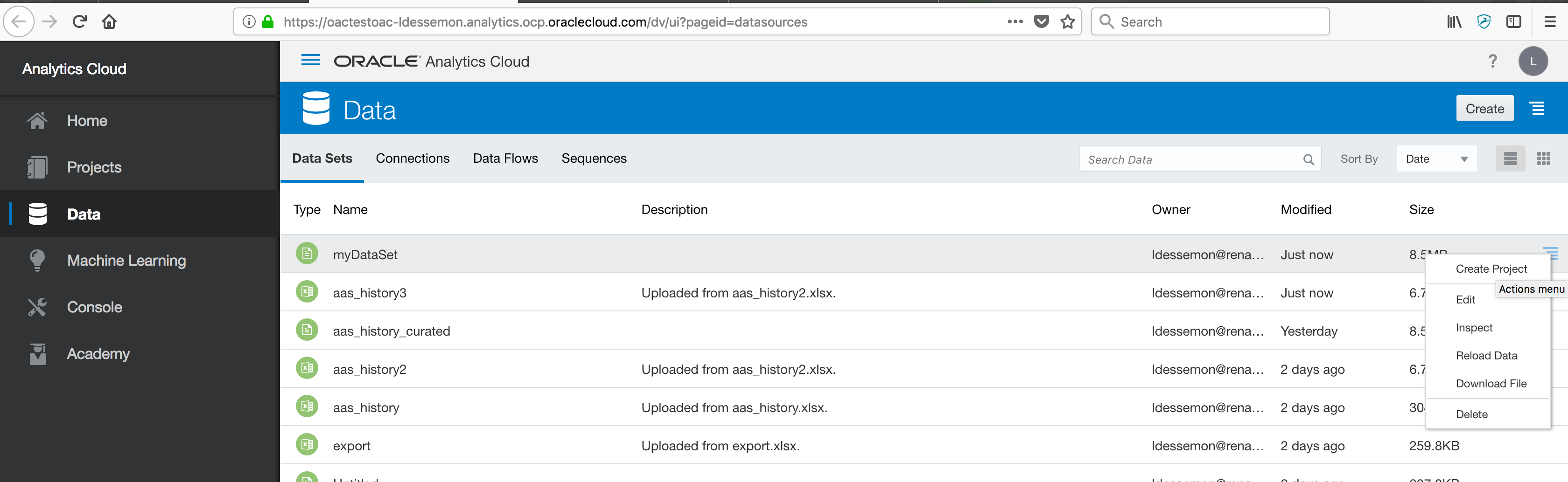 Screenshot of the Data Sets list with the curated myDataSet and its actions menu open on Create Project