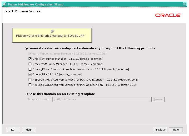 Screenshot of the Configuration Wizard, Select Domain Source: only Oracle Enterprise Manager and Oracle JRF checked