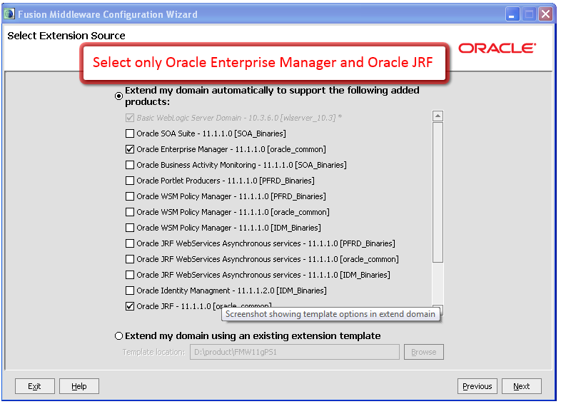 Screenshot of the Configuration Wizard, Select Extension Source: extend the domain with Enterprise Manager and JRF only