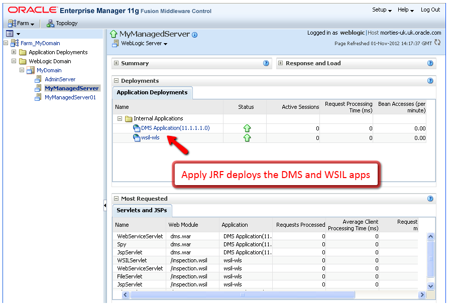 Screenshot of EM Fusion Middleware Control: DMS Application and wsil-wls deployed on MyManagedServer, so JRF is applied