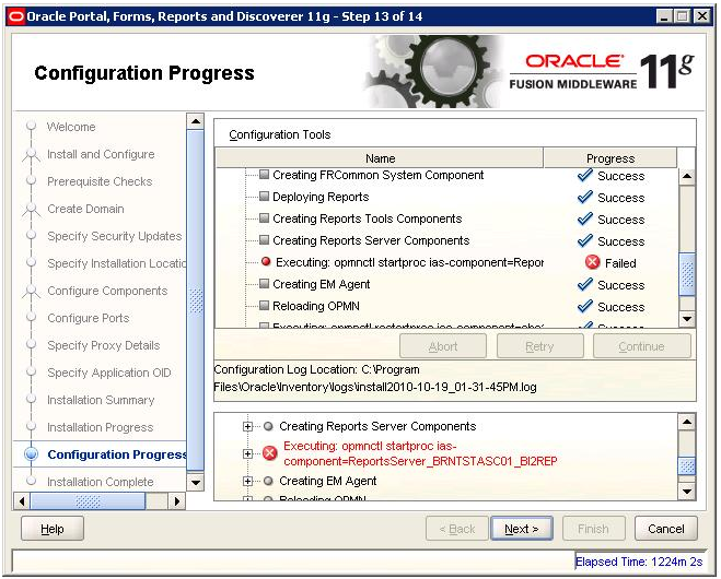 Screenshot of the Oracle Reports 11g installer: Configuration Progress fails on opmnctl startproc for the Reports Server
