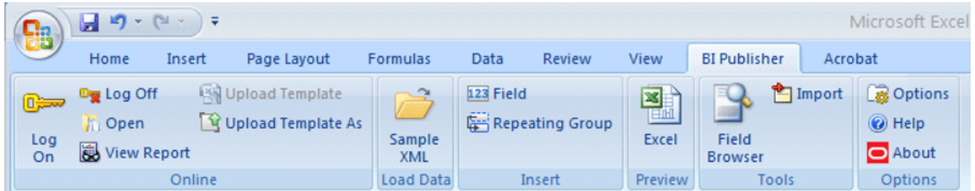 Screenshot of the BI Publisher tab in Microsoft Excel: Online, Load Data, Insert, Preview, Tools and Options groups
