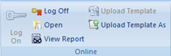 Online group of the BI Publisher tab: Log On, Log Off, Open, View Report, Upload Template and Upload Template As