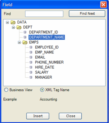 Screenshot of the Field dialog with DEPARTMENT_NAME selected in the DATA > DEPT > EMPS sample data tree