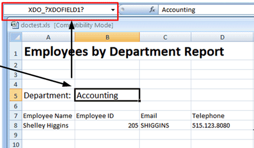 Excel template whose Department cell is mapped to field XDO_?XDOFIELD1?, showing the sample value Accounting