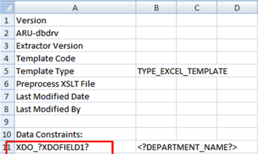 Hidden XDO_METADATA sheet: template type TYPE_EXCEL_TEMPLATE and XDO_?XDOFIELD1? mapped to DEPARTMENT_NAME