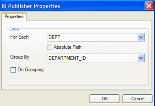 BI Publisher Properties dialog for a repeating group: For Each DEPT, Group By DEPARTMENT_ID