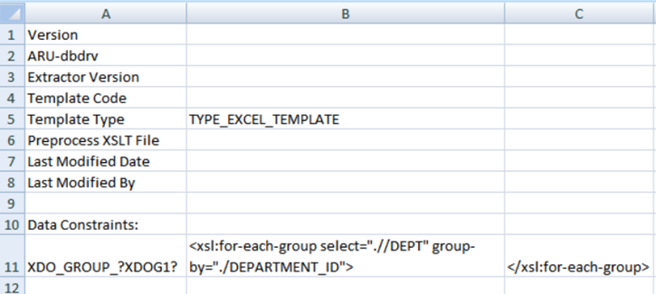 XDO_METADATA sheet defining XDO_GROUP_?XDOG1? as an xsl:for-each-group on DEPT grouped by DEPARTMENT_ID