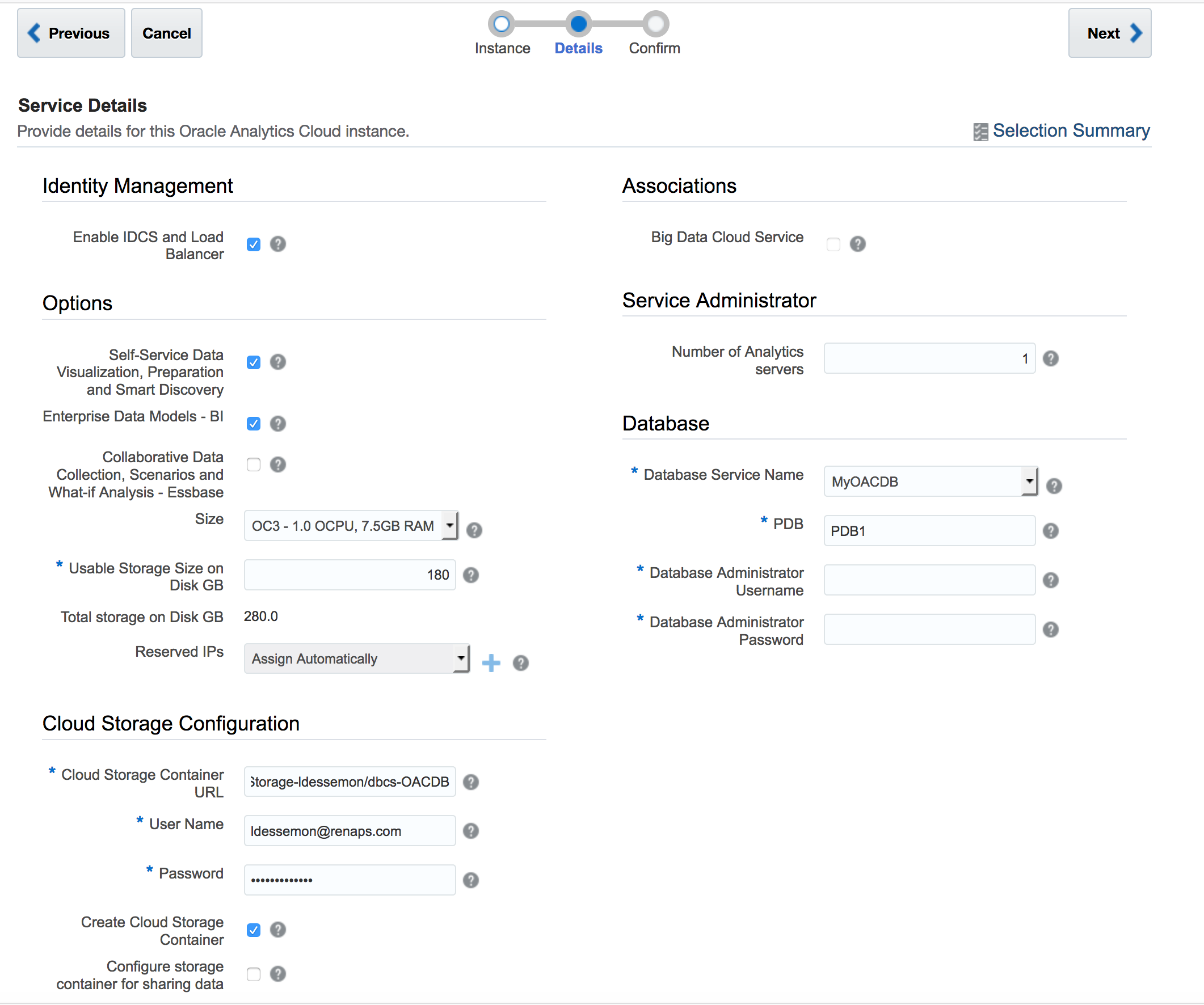 Screenshot of the Oracle Analytics Cloud creation wizard, Service Details step: options, storage and database settings
