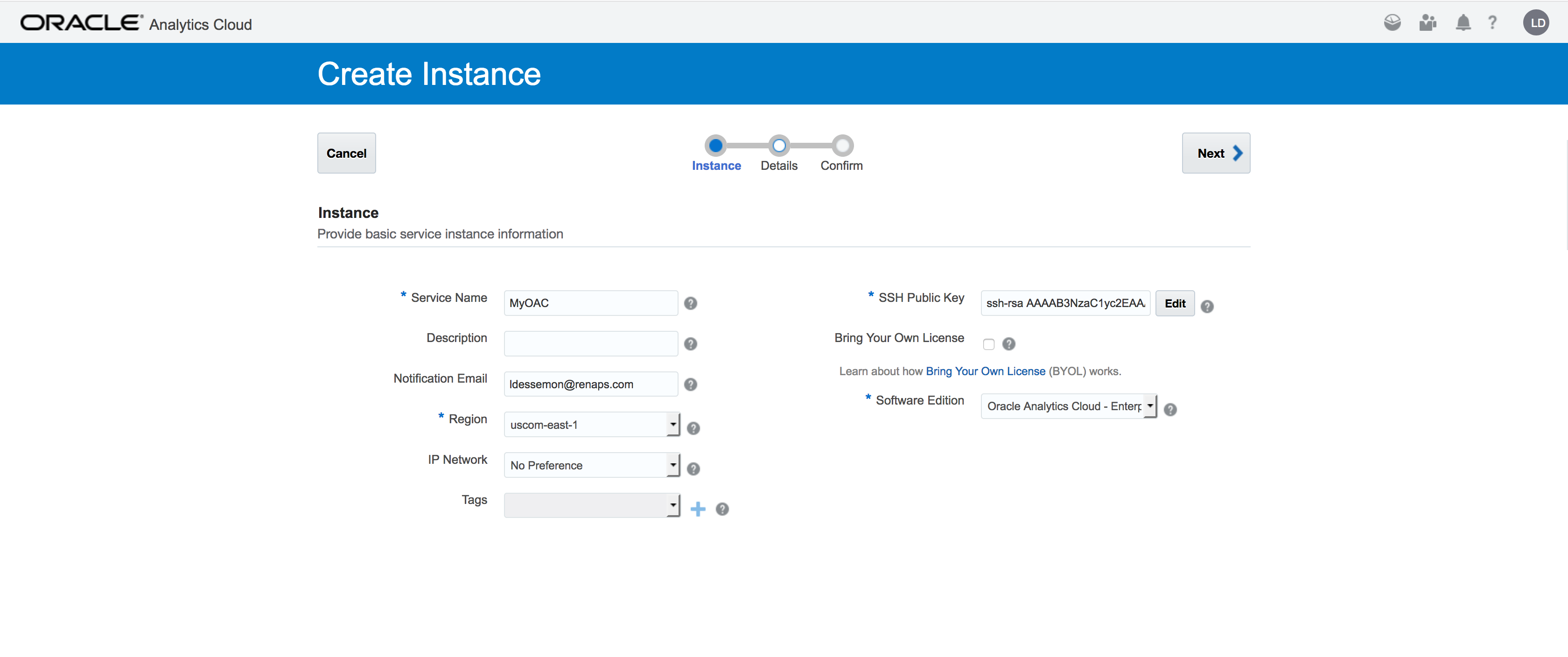 Screenshot of the Oracle Analytics Cloud Create Instance form: service name, region, SSH public key and software edition