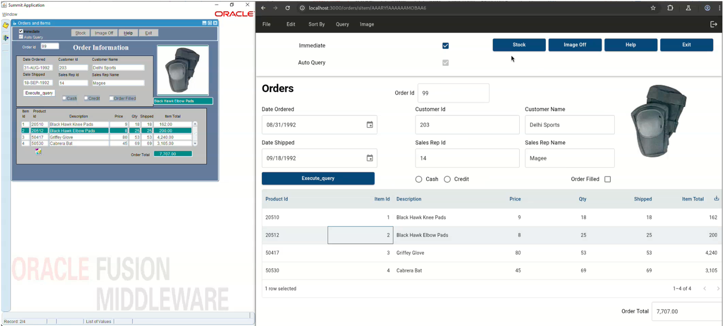 Screenshot comparing the Oracle Forms “Summit” Order Information screen (left) with its modernized web version (right)