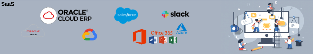 SaaS examples: Oracle Cloud ERP, Salesforce, Slack, Google Cloud, Microsoft Office 365 and Azure logos