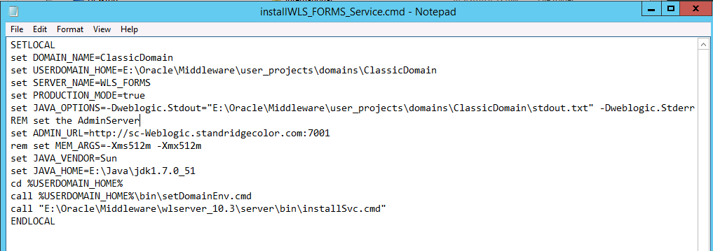 Screenshot of installWLS_FORMS_Service.cmd with the old ADMIN_URL host, sc-Weblogic.standridgecolor.com:7001