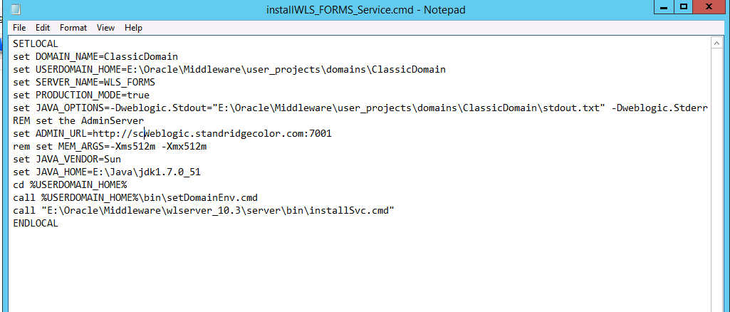 Screenshot of installWLS_FORMS_Service.cmd with ADMIN_URL updated to the new host, scWeblogic.standridgecolor.com:7001