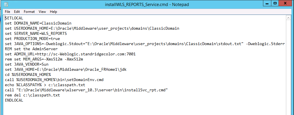 Screenshot of installWLS_REPORTS_Service.cmd with the old ADMIN_URL host, sc-Weblogic.standridgecolor.com:7001