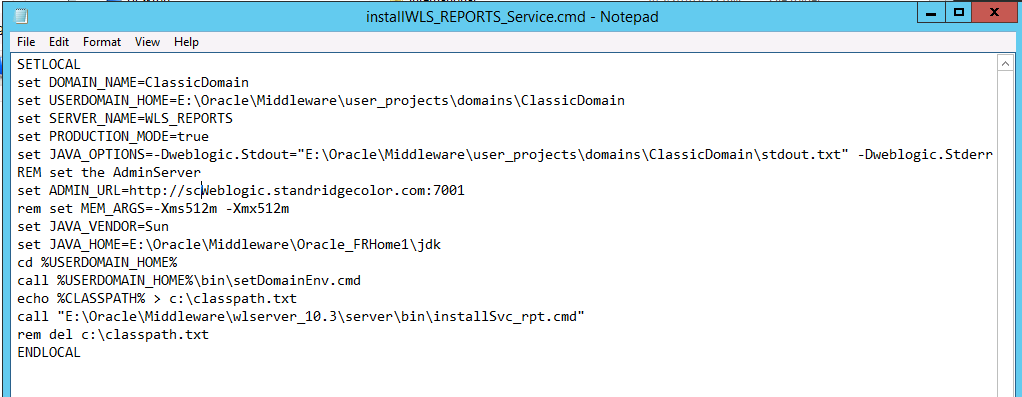 Screenshot of installWLS_REPORTS_Service.cmd with ADMIN_URL updated to the new host, scWeblogic.standridgecolor.com:7001