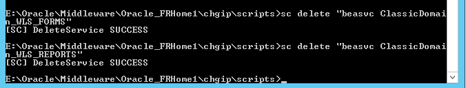 Screenshot of sc delete commands removing the WLS_FORMS and WLS_REPORTS WebLogic Windows services