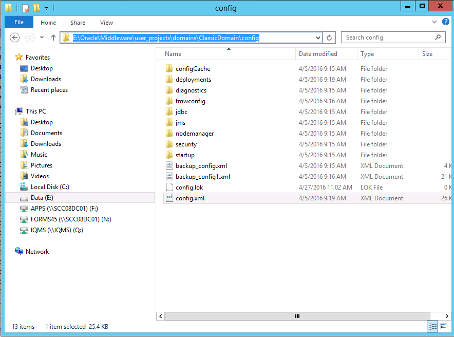 Screenshot of the WebLogic ClassicDomain config folder in Windows Explorer, with config.xml selected