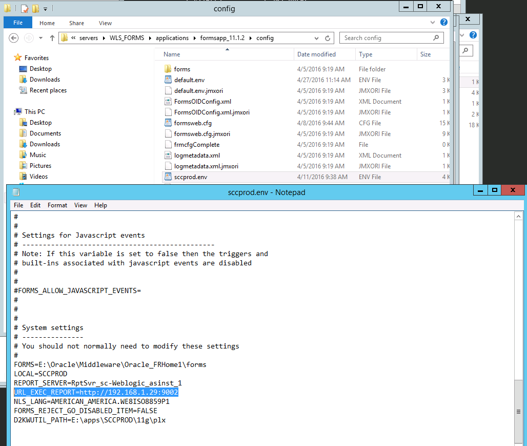 Screenshot of the Forms environment file sccprod.env showing the old URL_EXEC_REPORT value http://192.168.1.29:9002